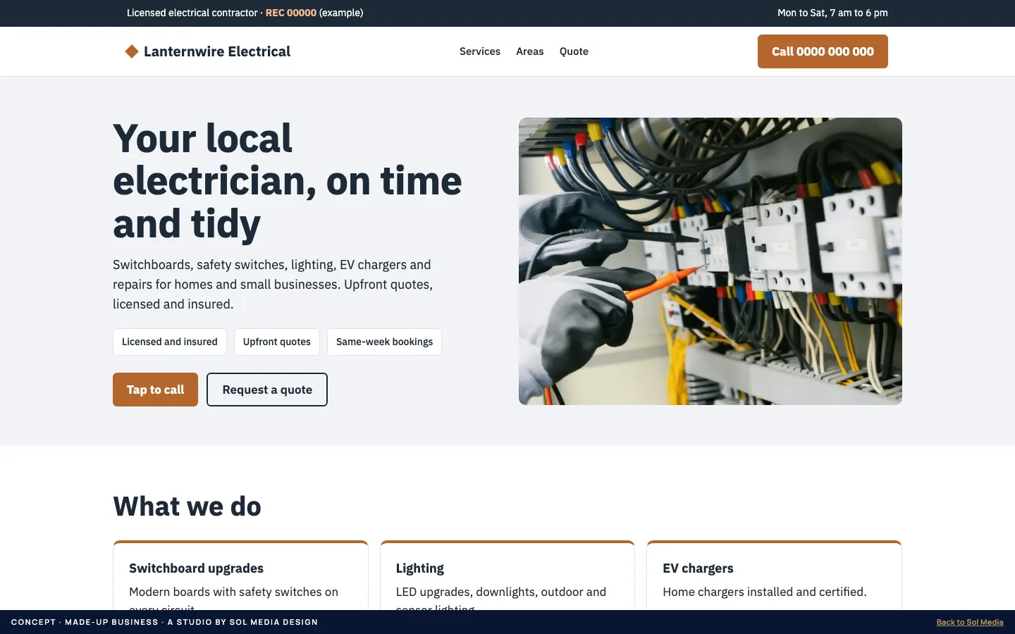 Concept website for Lanternwire Electrical, a fictional trade business.