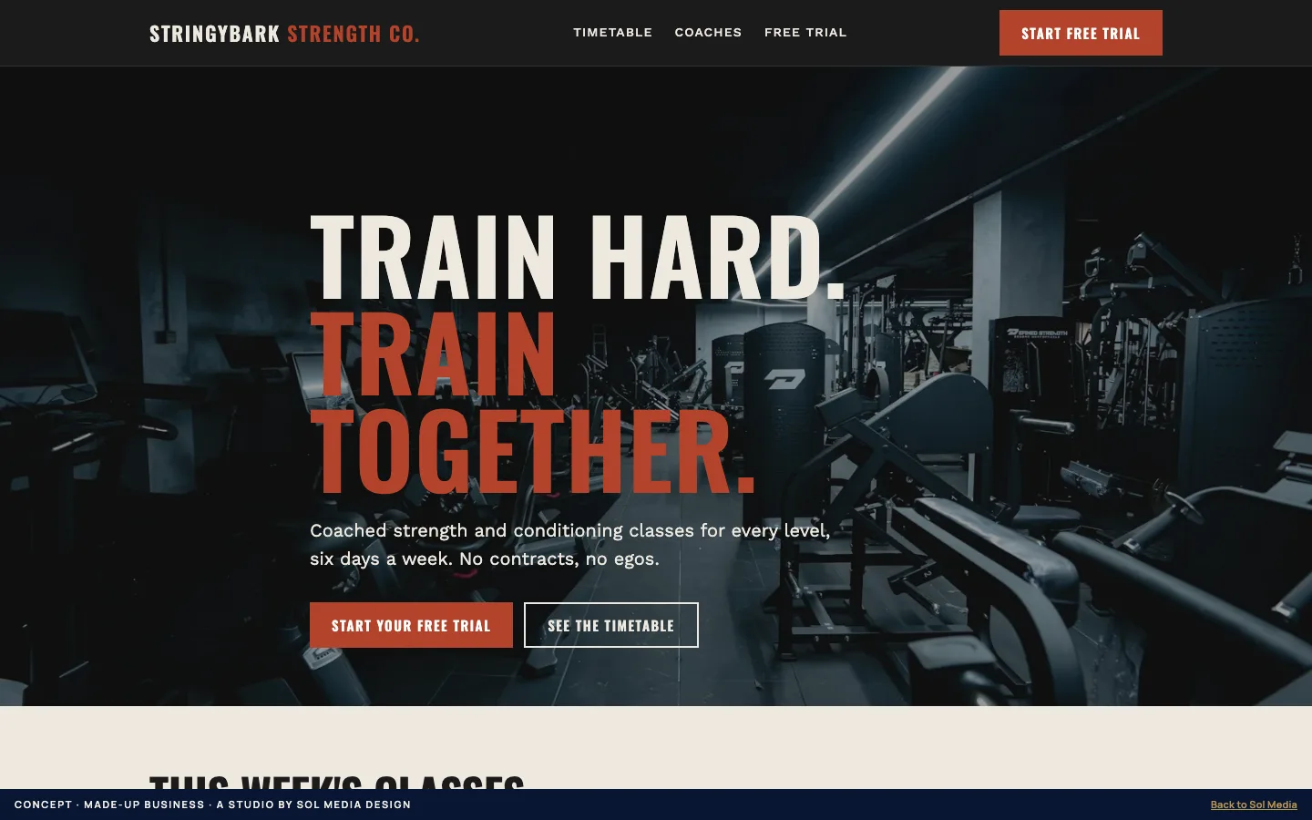 Concept website for Stringybark Strength Co., a fictional gym.