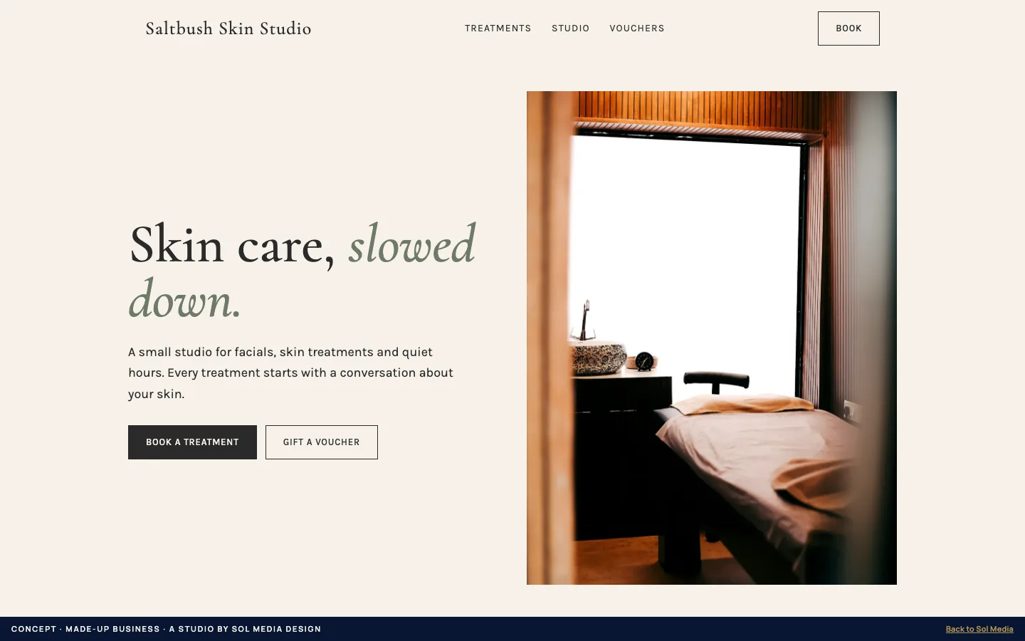 Concept website for Saltbush Skin Studio, a fictional beauty studio.