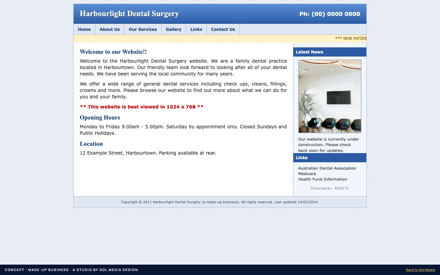 Concept: an outdated, cluttered small-business website, created for illustration.