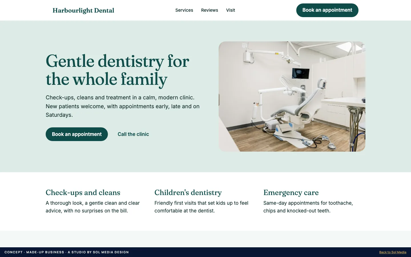 Concept website for Harbourlight Dental, a fictional dental clinic.